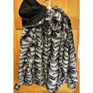 Dennis Basso Reversible Fax Fur Coat Size Medium Black Gray Matching Hat